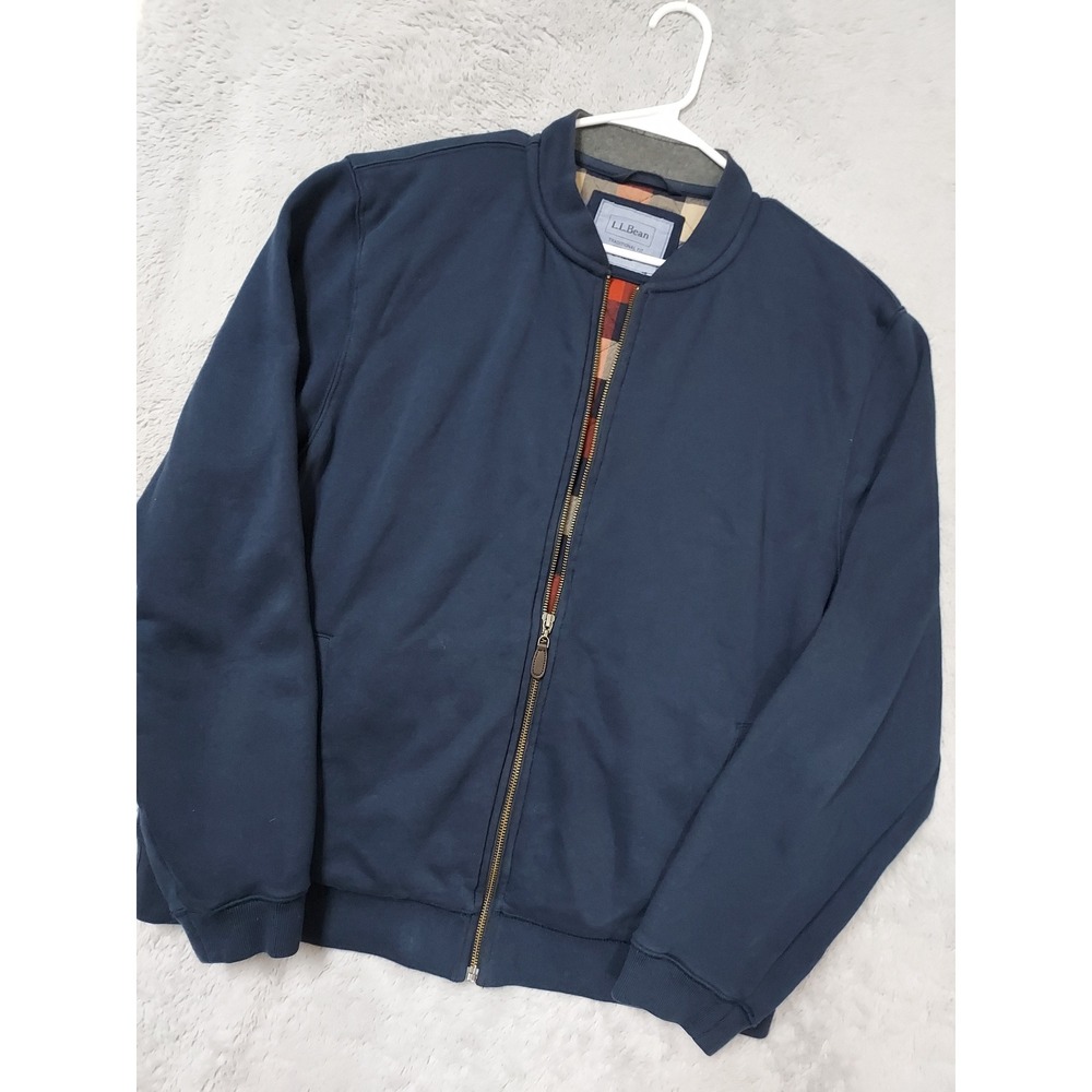 LL Bean Jacket Mens Large Regular Knit Bomber Plaid Lined Full Zip Navy Blue EUC